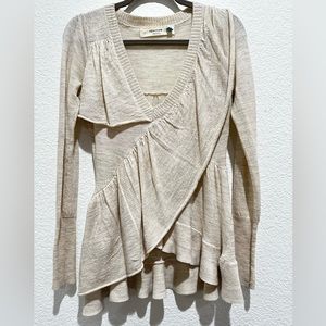 ANTHROPOLOGIE SPARROW Merino Wool Lightweight Ruffle V-neck Sweater Neut…